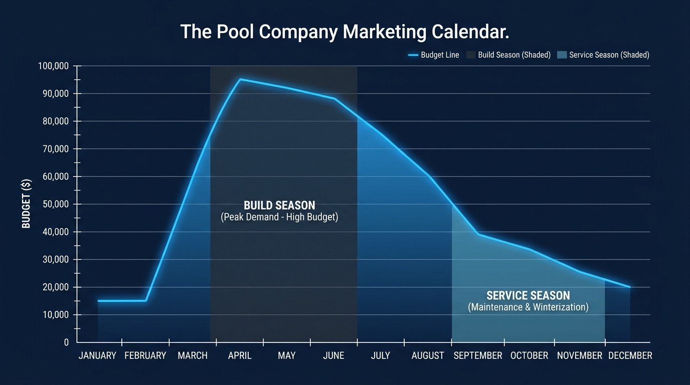 12-month pool company marketing budget calendar peaking in spring build season