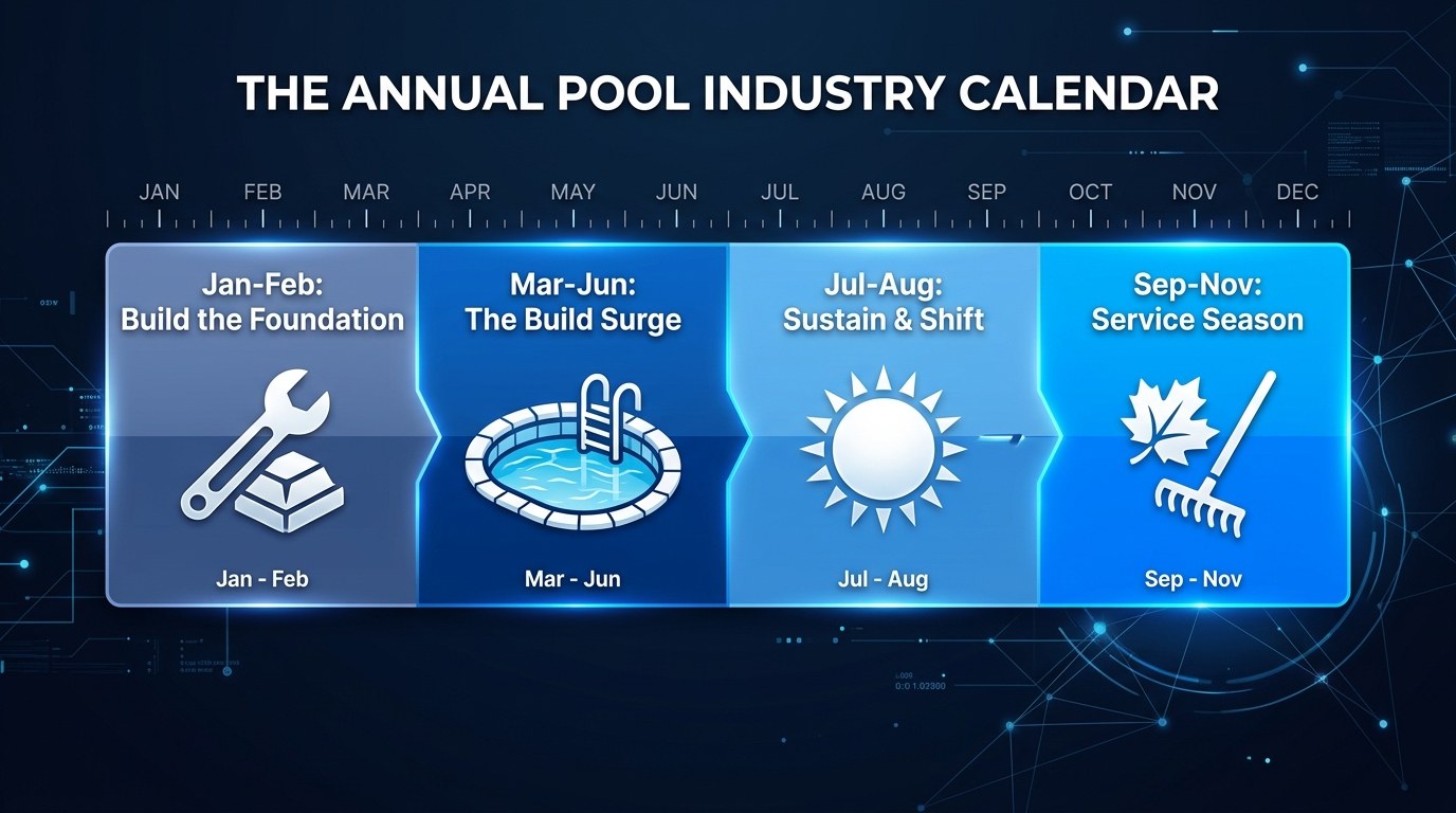 The four phases of the pool company marketing year: foundation, build surge, sustain and shift, service season