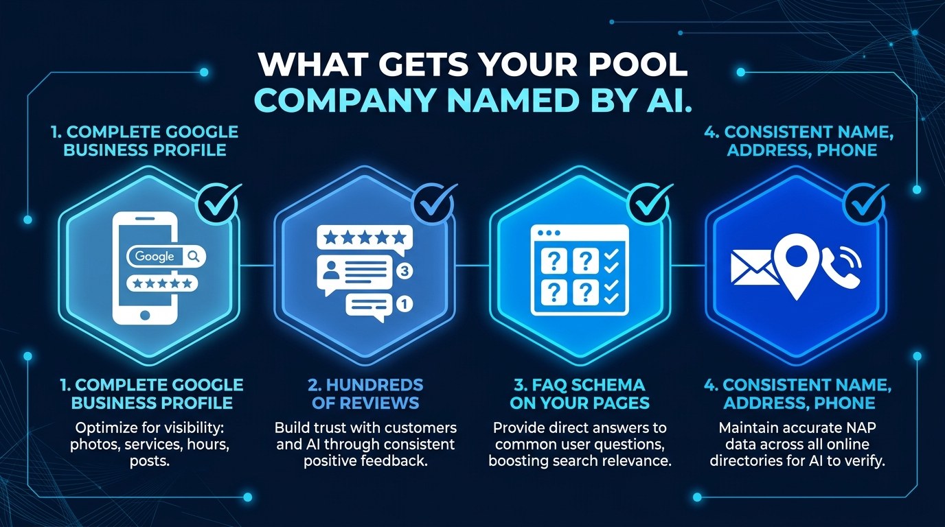 Four things that get a pool company named by AI: complete Google Business Profile, reviews, FAQ schema, consistent name address and phone