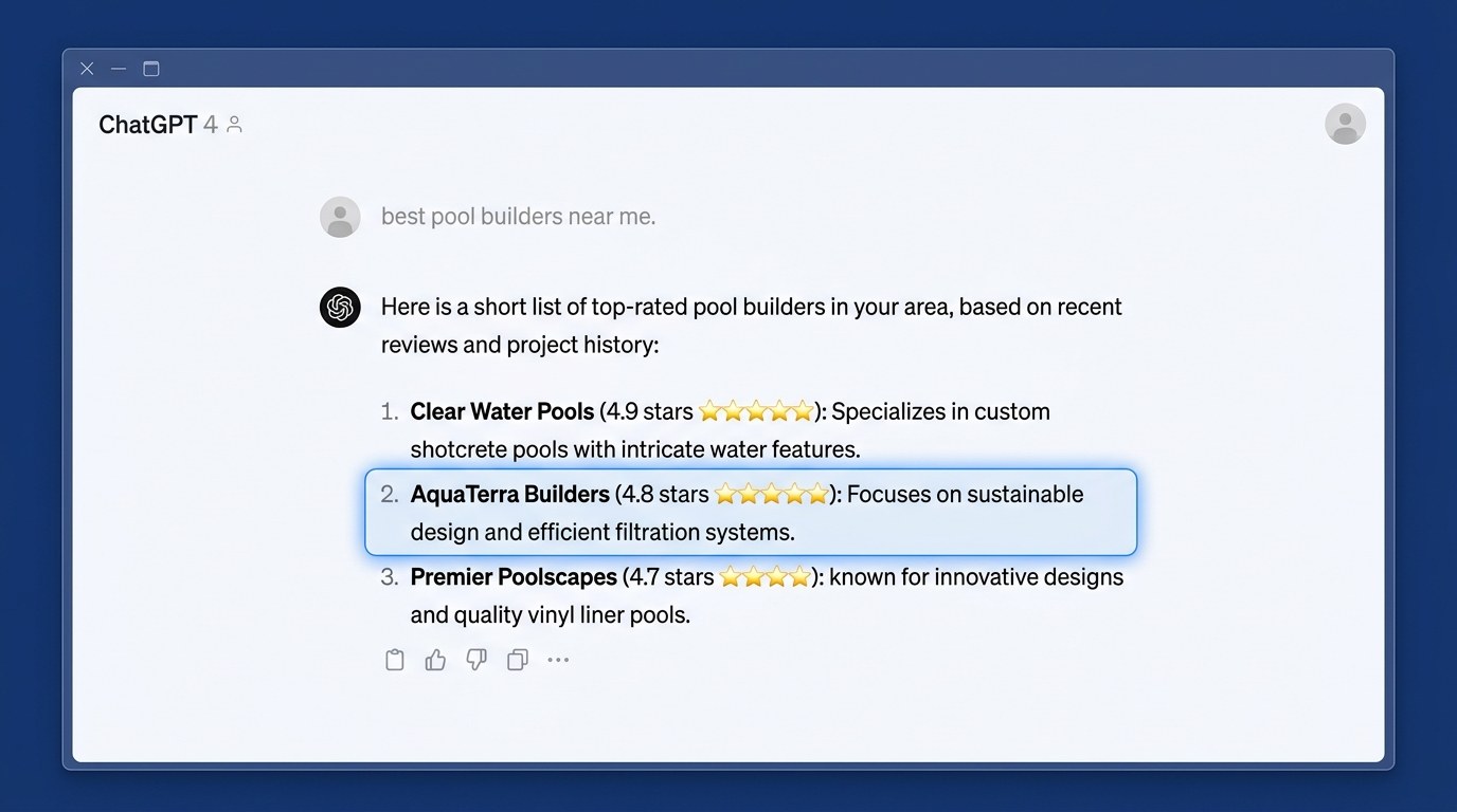 ChatGPT response recommending a short list of local pool builders by name
