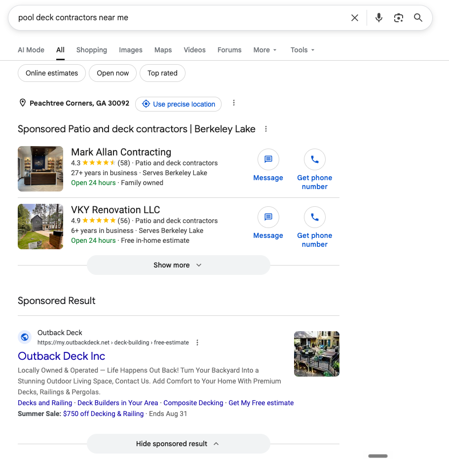 Google search results showing the Local Services Ads block at the top for pool contractors