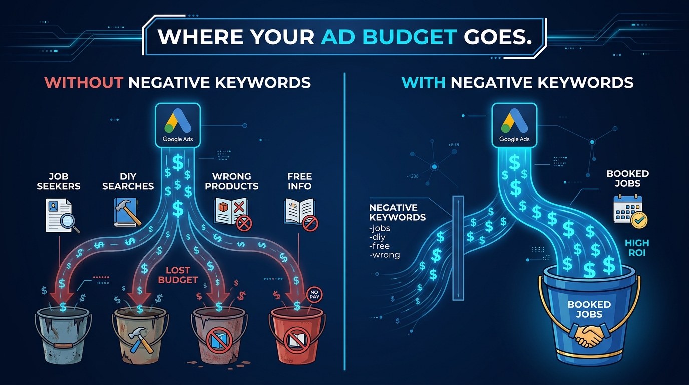 Comparison of ad budget flow with and without negative keywords for home service companies