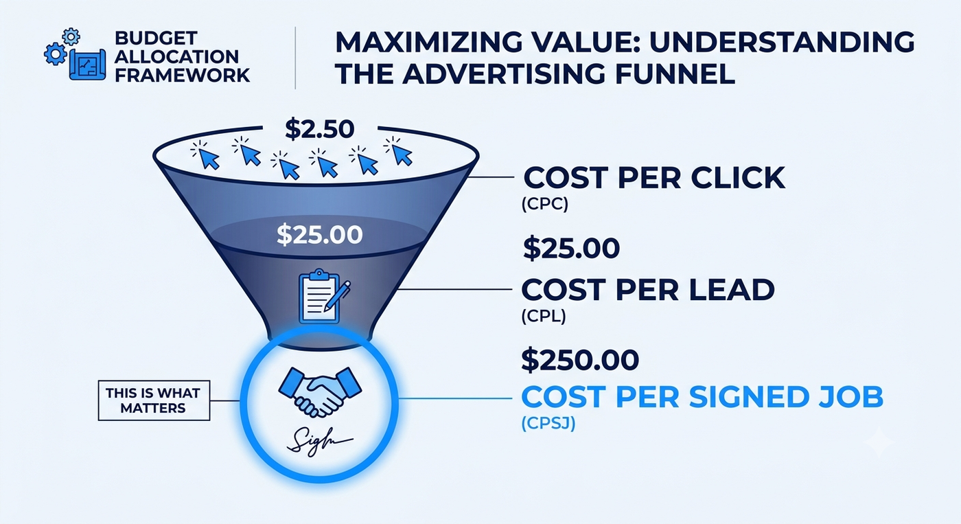 Funnel showing cost per click, cost per lead, and cost per signed job, with cost per signed job highlighted as the metric that matters