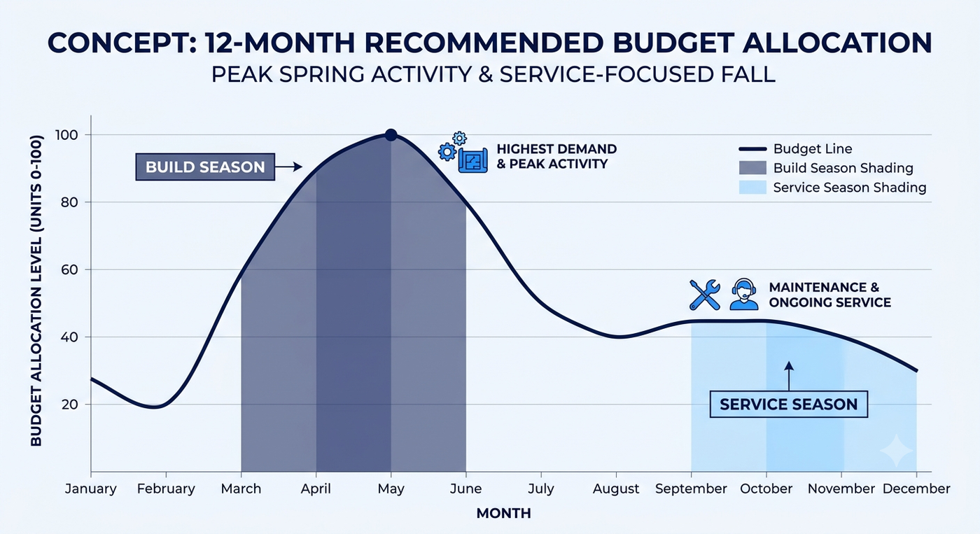 12-month recommended Google Ads budget allocation for a pool company, peaking in spring build season and shifting to service in fall