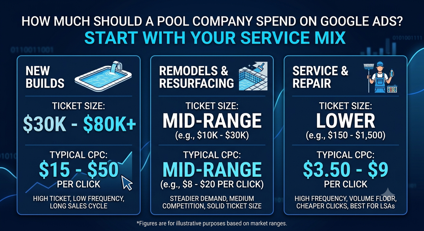 Comparison of new builds, remodels, and service showing ticket size and cost per click for pool company Google Ads