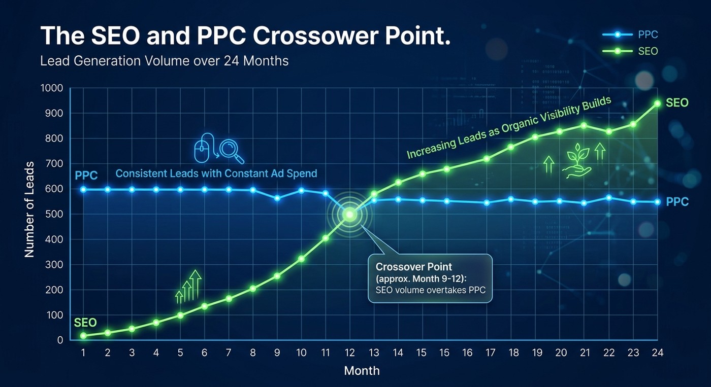 Line chart showing PPC leads staying flat over 24 months while SEO leads climb and overtake PPC around month 9 to 12