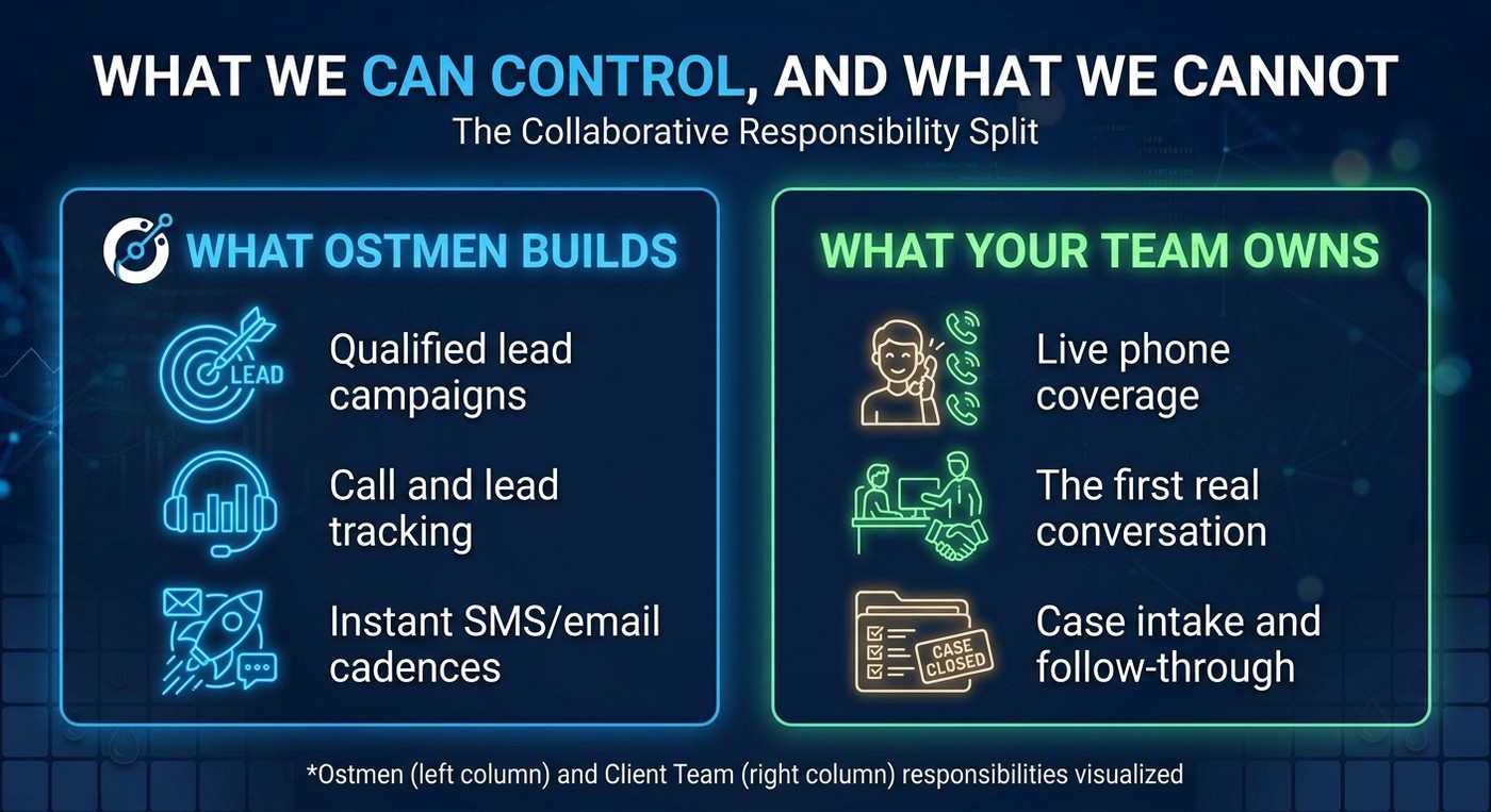 Two column graphic showing what Ostmen builds, qualified lead campaigns, call and lead tracking, instant SMS and email cadences, versus what the client team owns, live phone coverage, the first real conversation, case intake and follow through