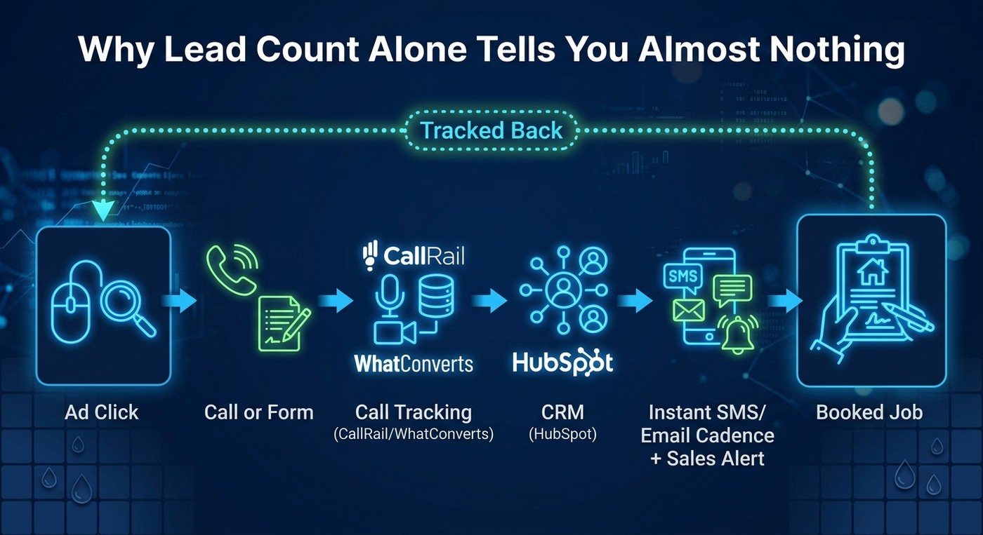 Diagram showing the full click to close funnel from ad click through call tracking, CRM, automated cadence, and booked job with attribution tracked back to the source