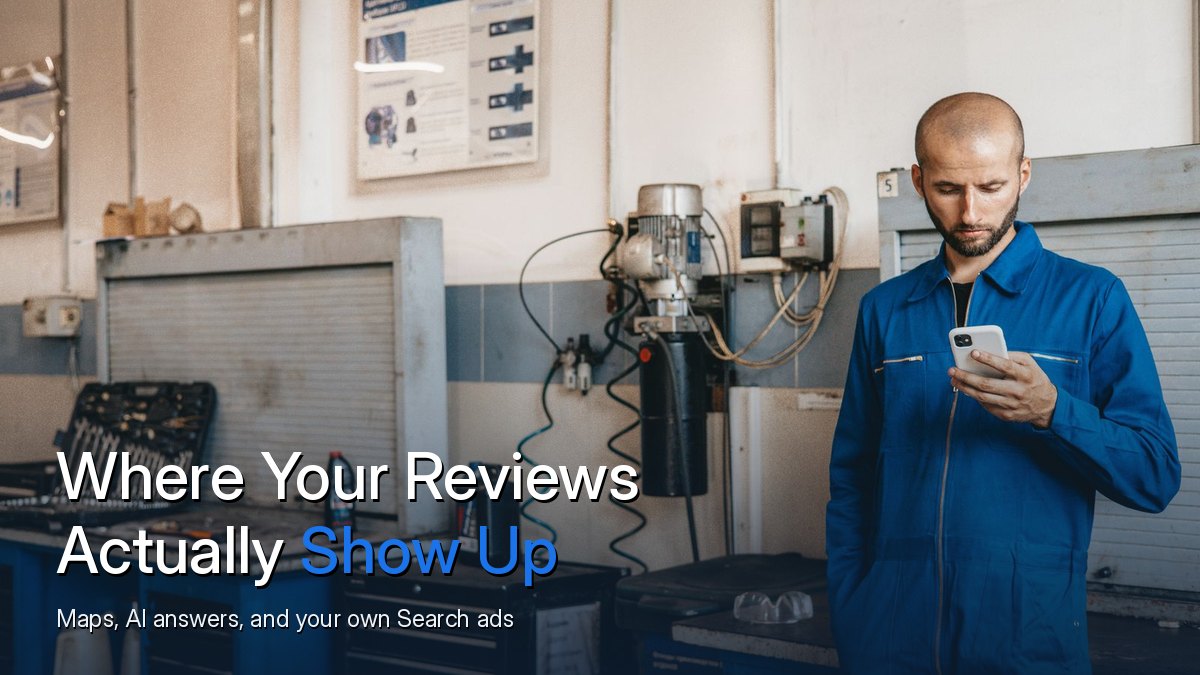 Technician in blue coveralls checking his phone in a workshop
