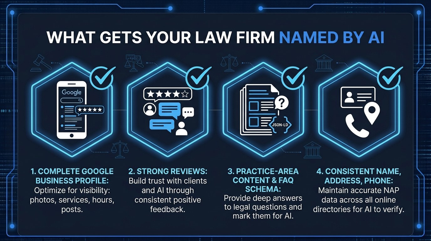Four things that get a law firm named by AI: complete Google Business Profile, strong reviews, practice-area content and FAQ schema, consistent name address phone