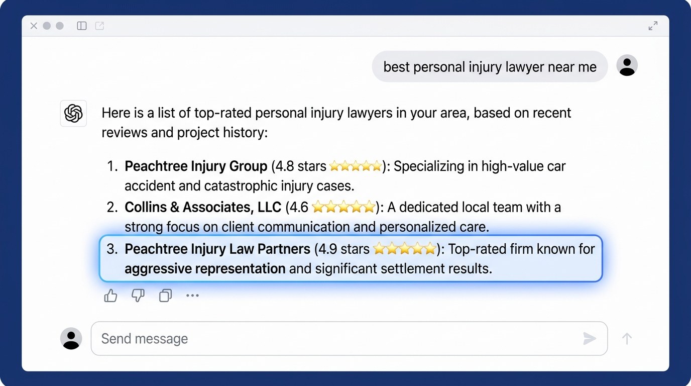 ChatGPT response recommending personal injury law firms by name