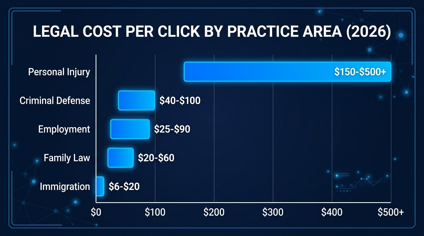 Legal cost per click by practice area chart for 2026