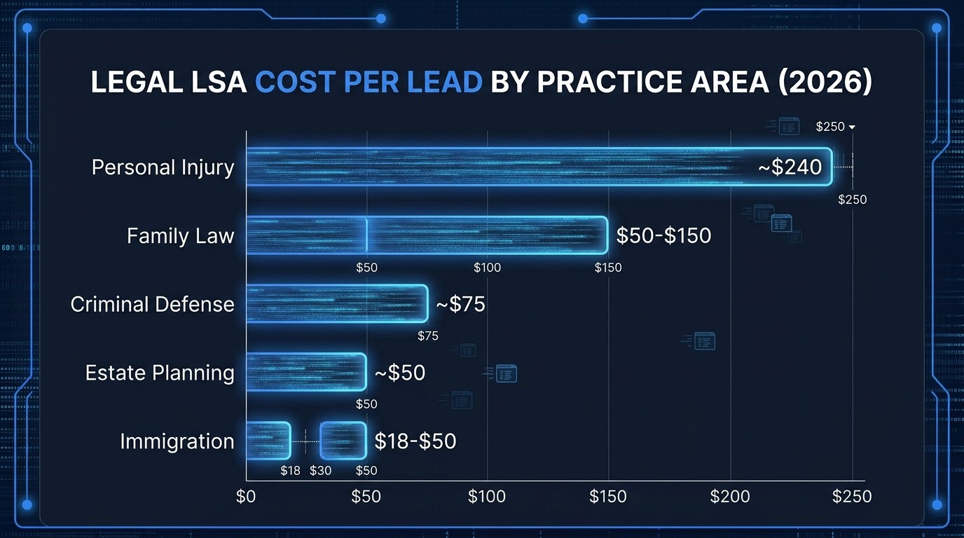 Legal Local Services Ads cost per lead by practice area, personal injury highest at around 240 dollars