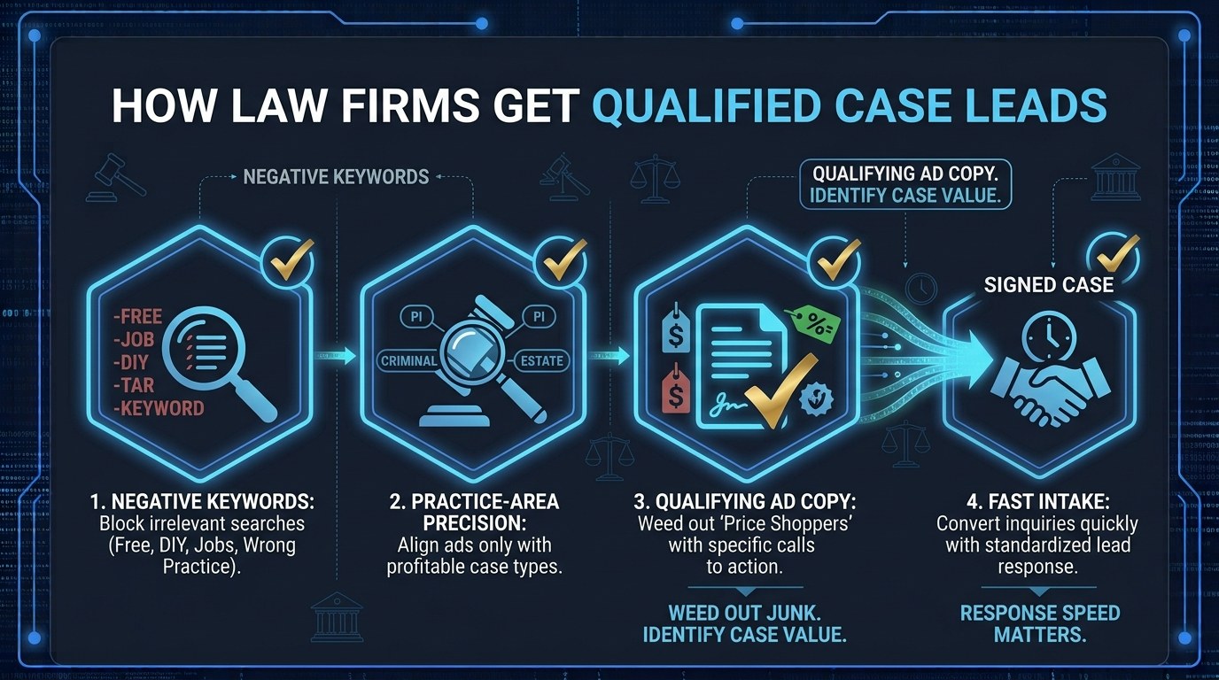The four levers that produce qualified case leads: negative keywords, practice-area precision, qualifying ad copy, fast intake
