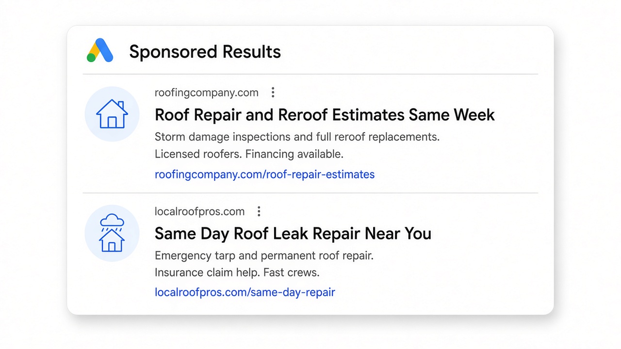 Google sponsored results for roof repair and reroof searches