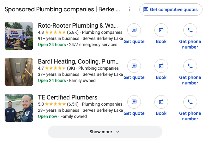 Google Local Services Ads showing sponsored plumbing companies